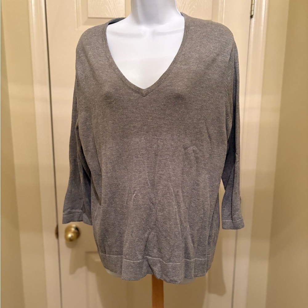 Lands' End Classic Gray V-Neck 3/4 Sleeves Sweater, Size: L